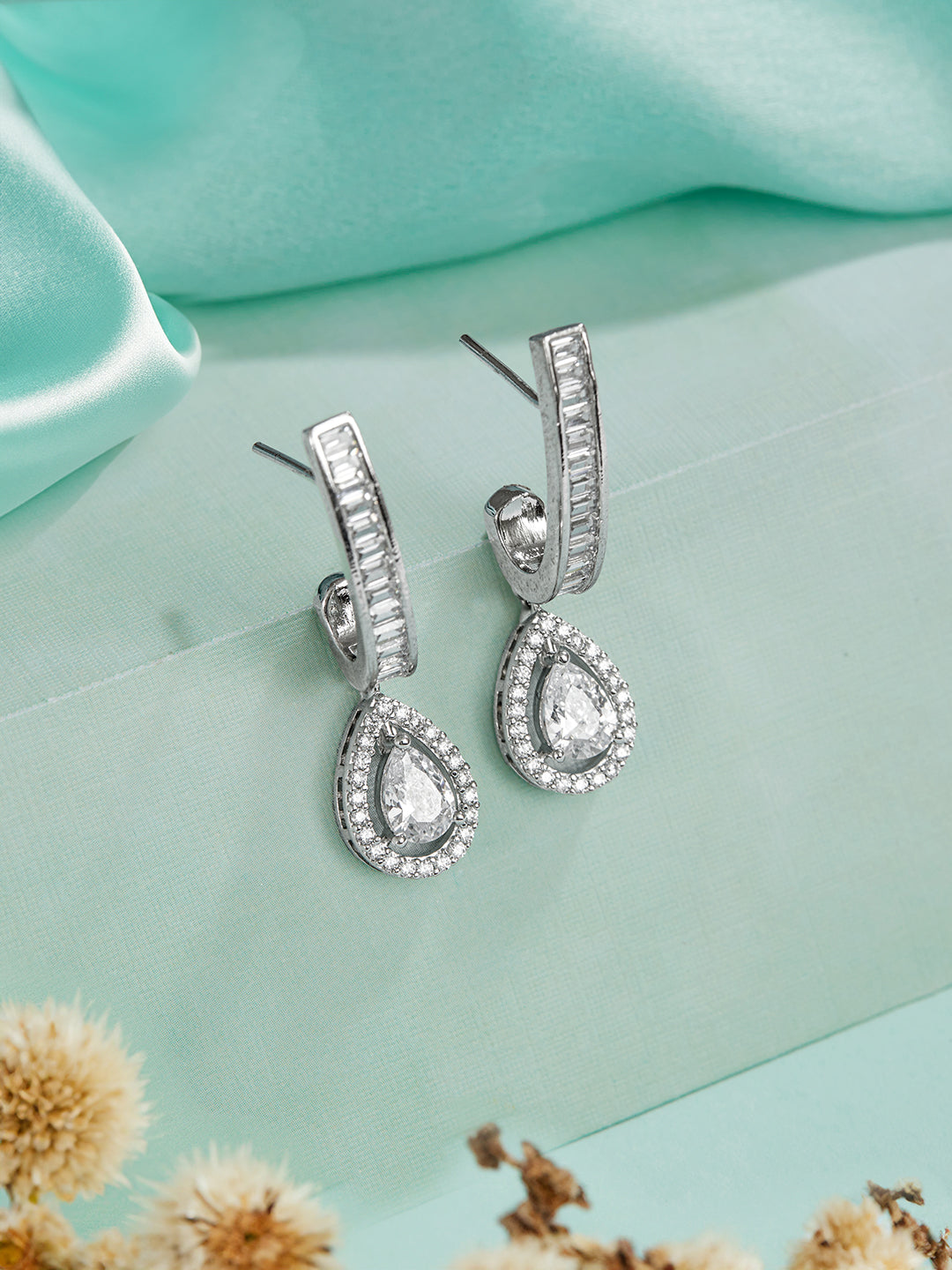 925 Sterling Silver Rhodium Plated Tear Drop Stud Earrings